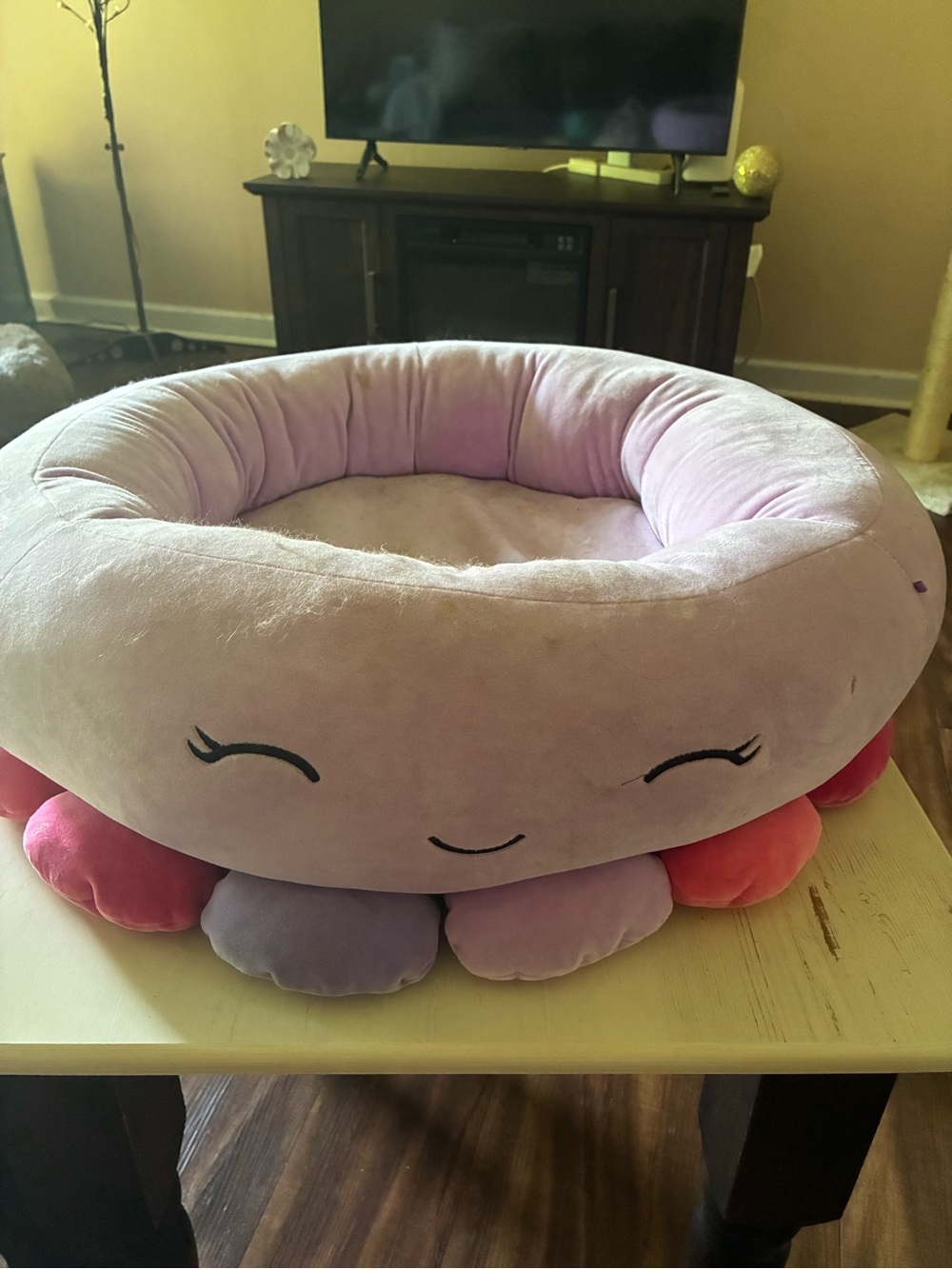Plush Pink Octopus Pet Bed with Smiling Face